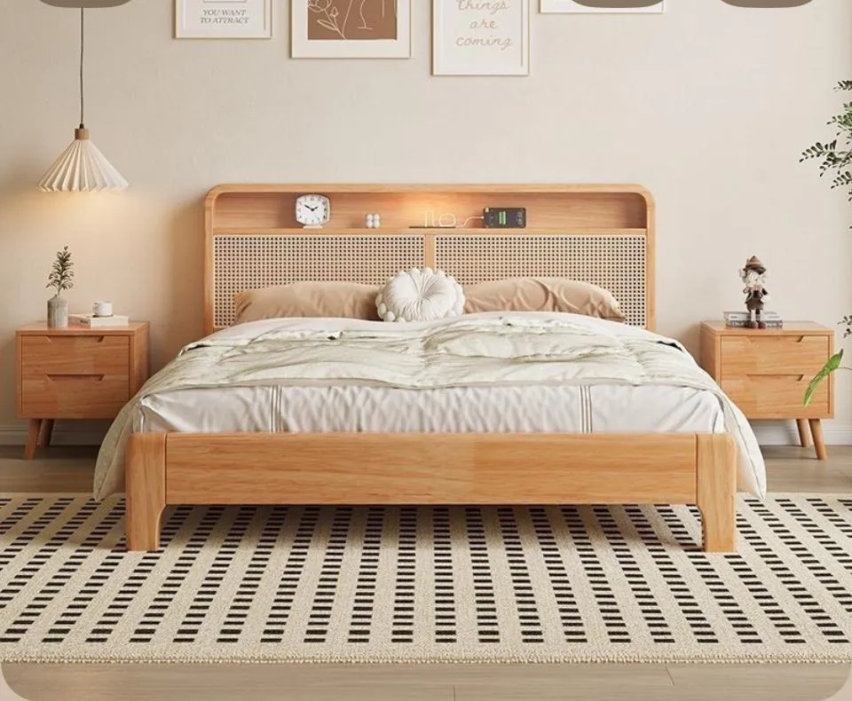 Beech Rattan Bed with Storage Headboard