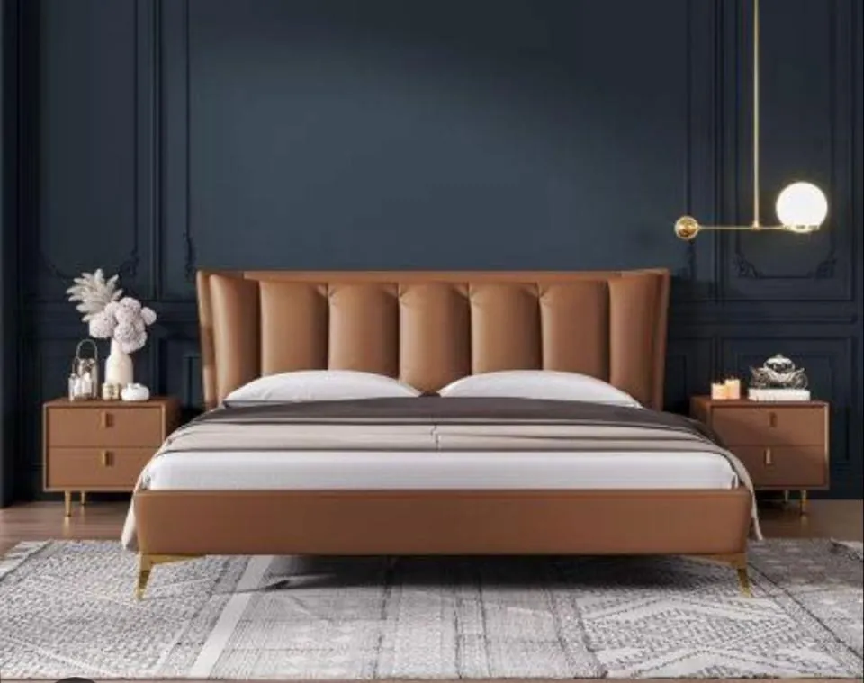 Tan Leather Wingback Bed