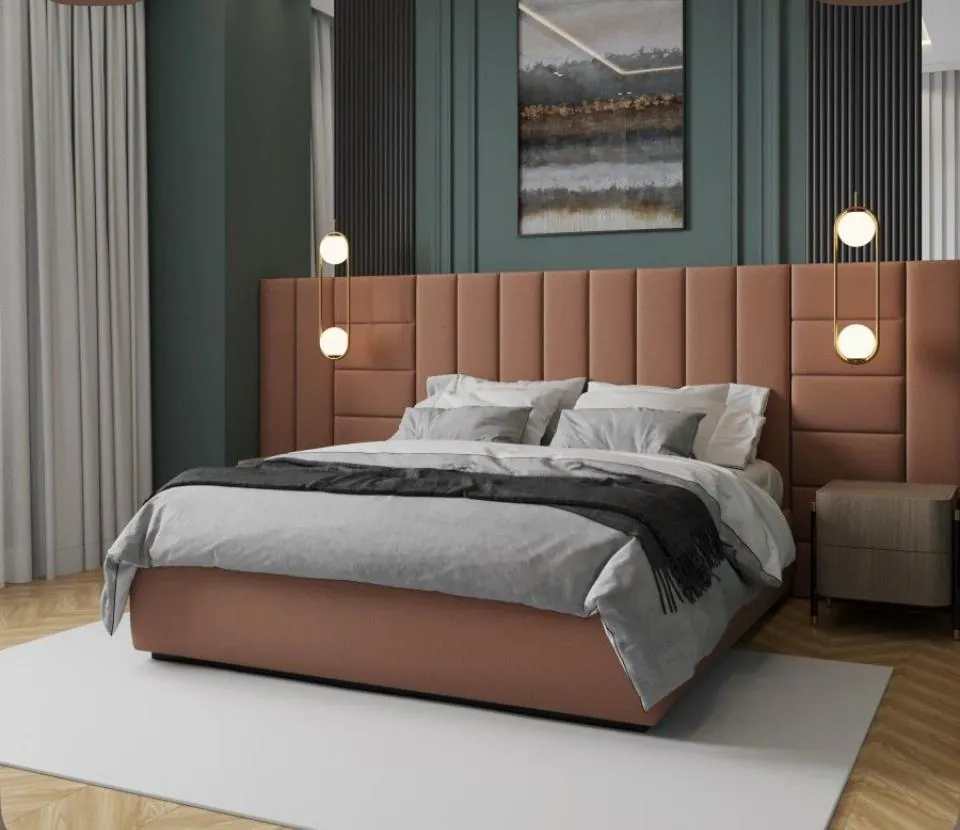 Blush Upholstered Bed with Wall Panels