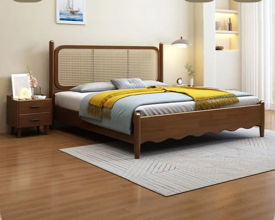 Walnut & Rattan Bed with Scalloped Footboard