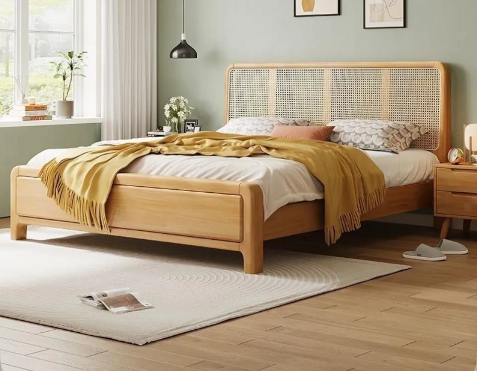 Oak Rattan-Panel Storage Bed