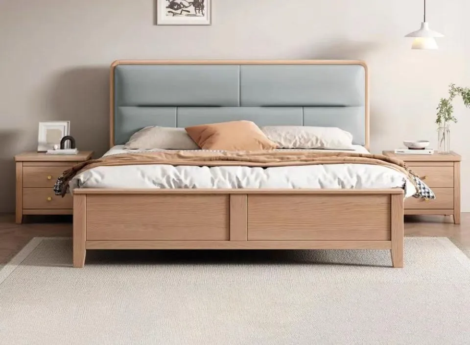 Ash Bed with Blue Upholstered Headboard