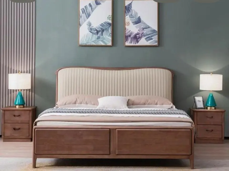 Walnut Bed with Pleated Cream Headboard