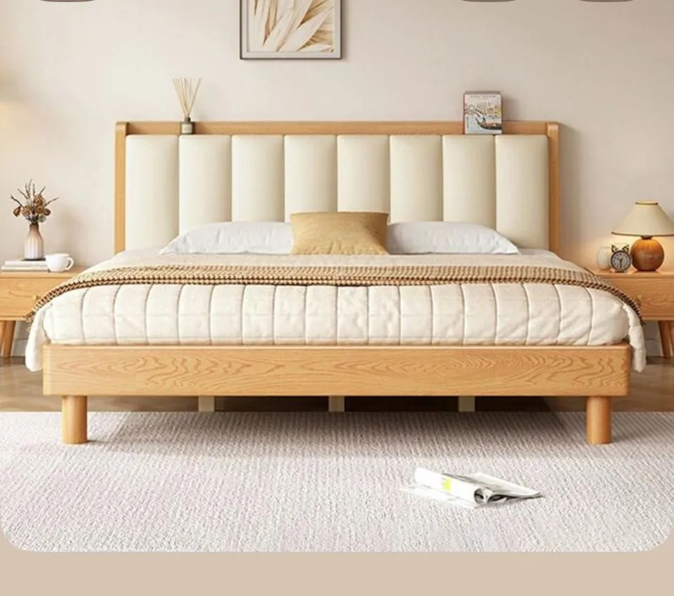 Oak Bed with Channel-Tufted Headboard