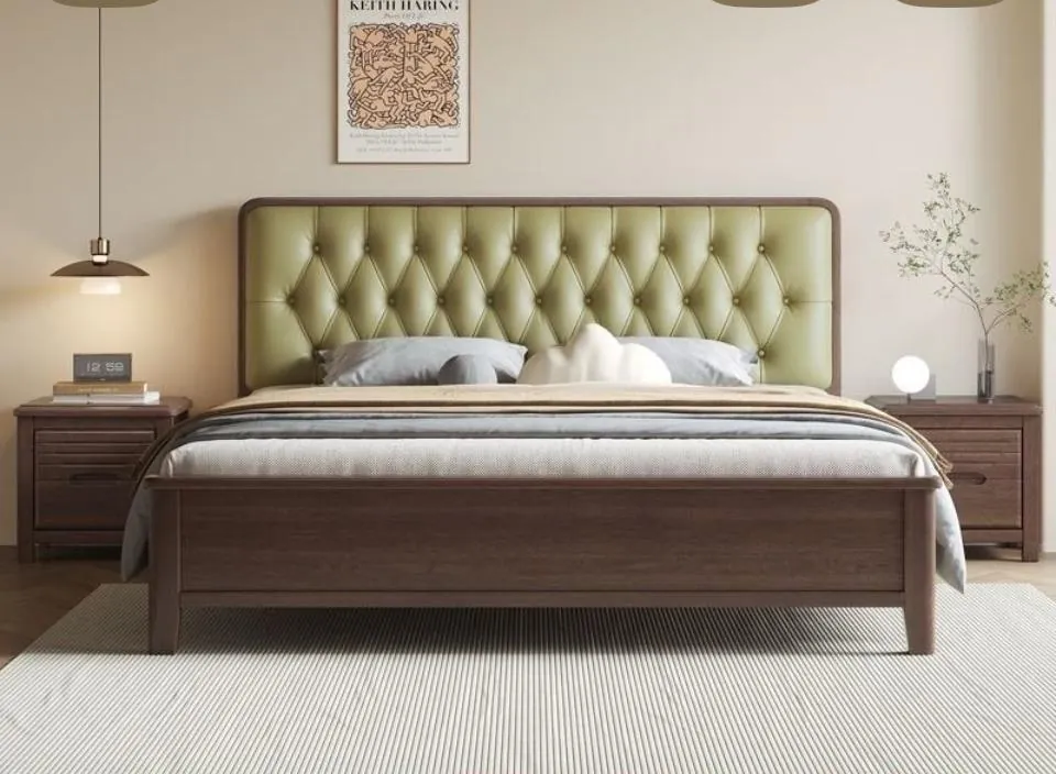 Walnut Bed with Olive Tufted Headboard