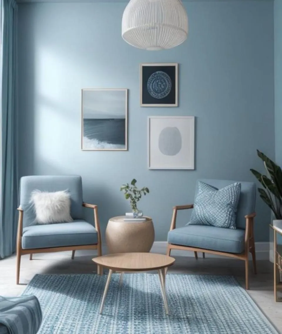 Blue Wood-Frame Armchair Pair