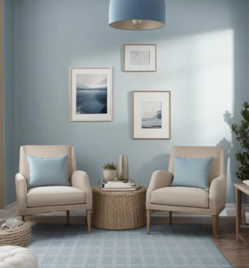 Beige Armchair Pair with Blue Cushions