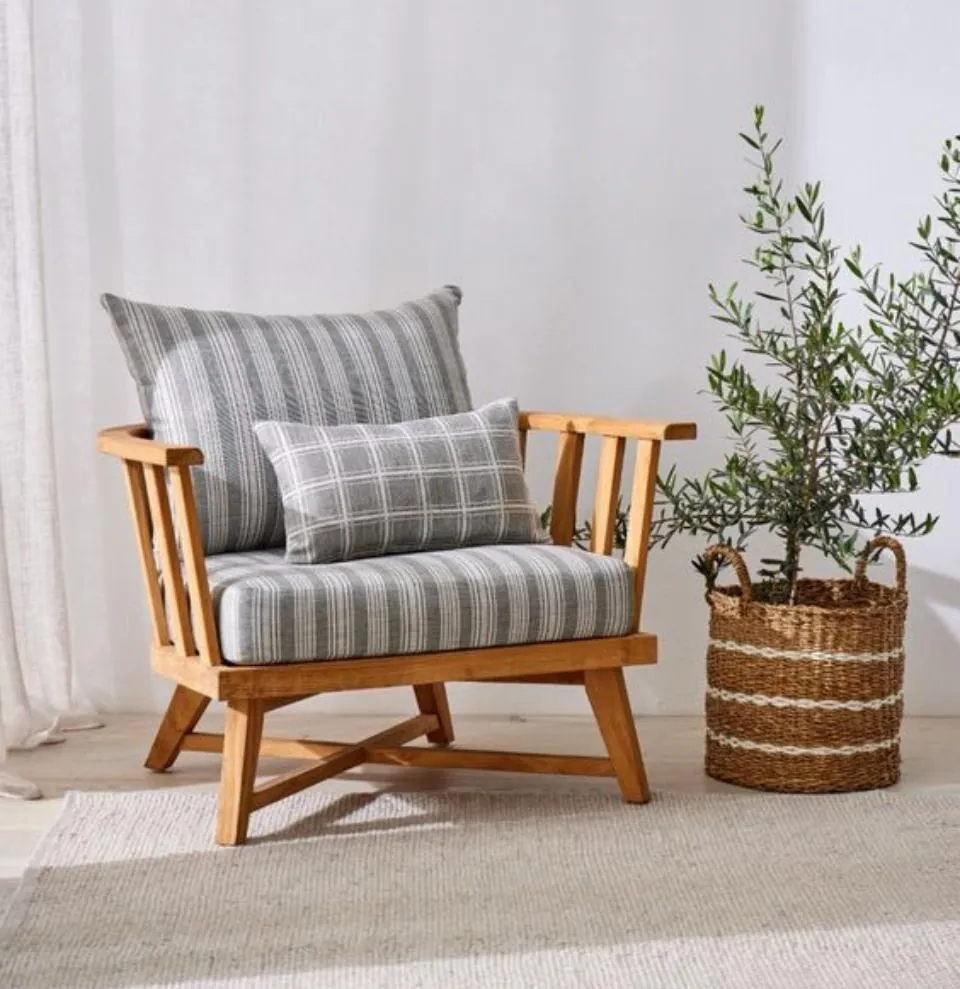 Teak Spindle Armchair with Striped Cushions