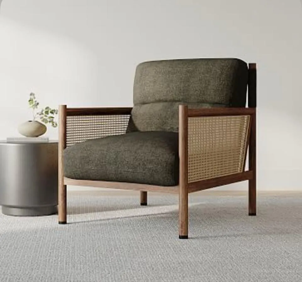 Walnut & Cane Lounge Chair with Olive Cushions