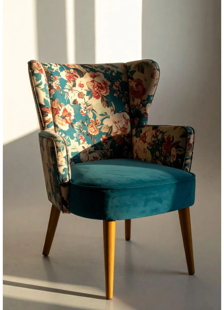 Teal Velvet Floral Wingback Chair