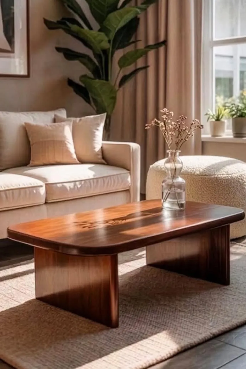 Oak Wood-Grain Coffee Table with Panel Legs
