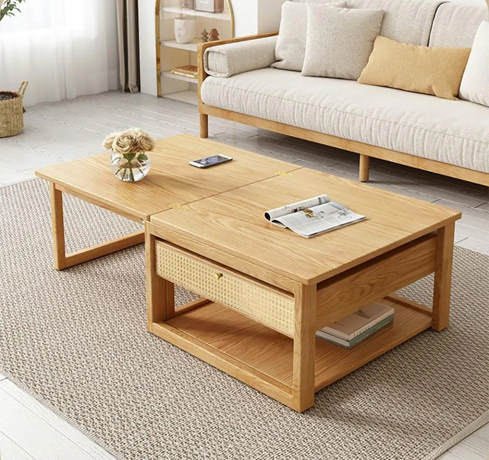 Oak Cane-Drawer Coffee Table