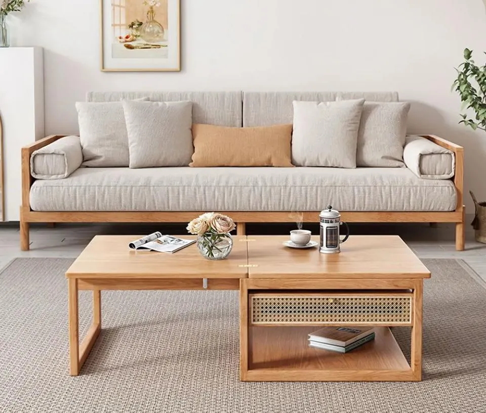 Oak Split-Top Coffee Table with Cane Drawer