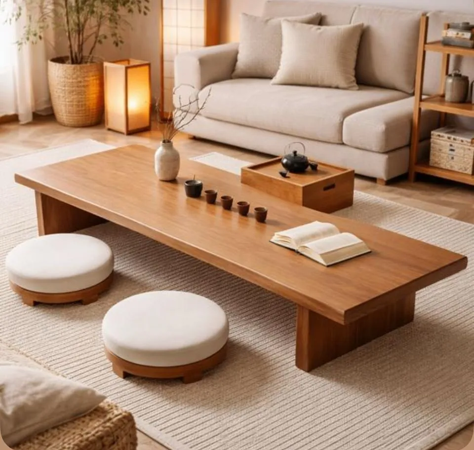 Low Oak Tatami Coffee Table with Round Stools