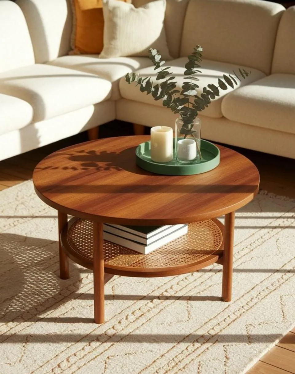 Round Cane-Shelf Coffee Table