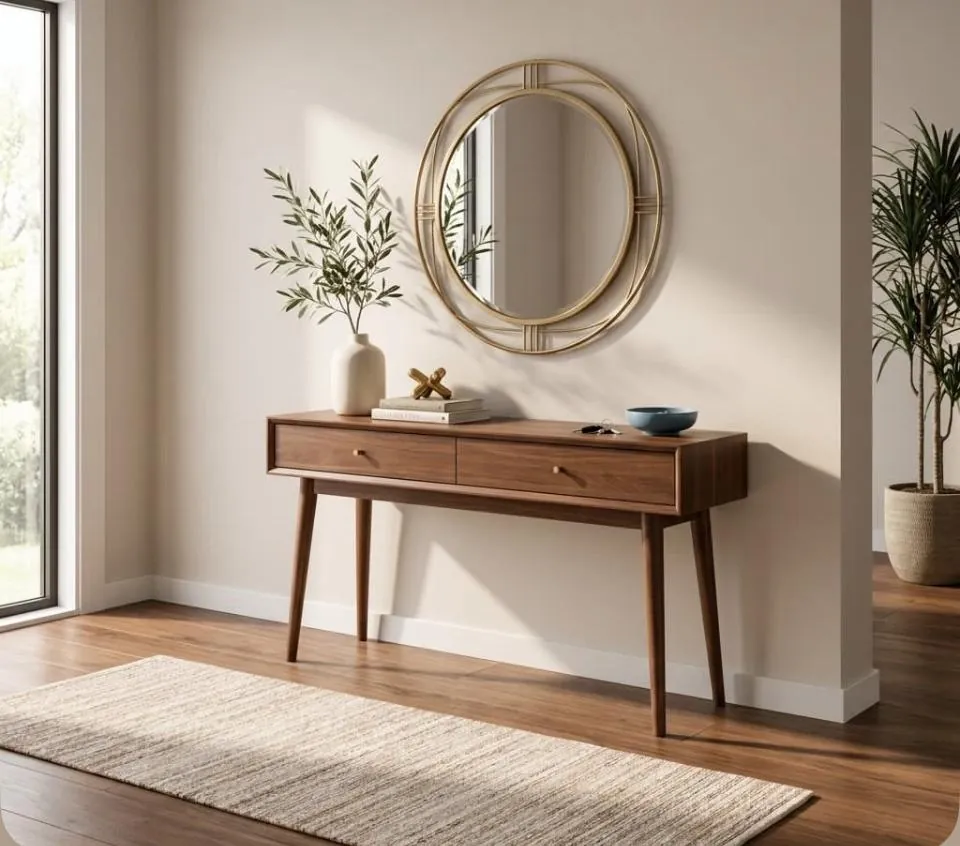 Walnut Console with Round Gold Mirror