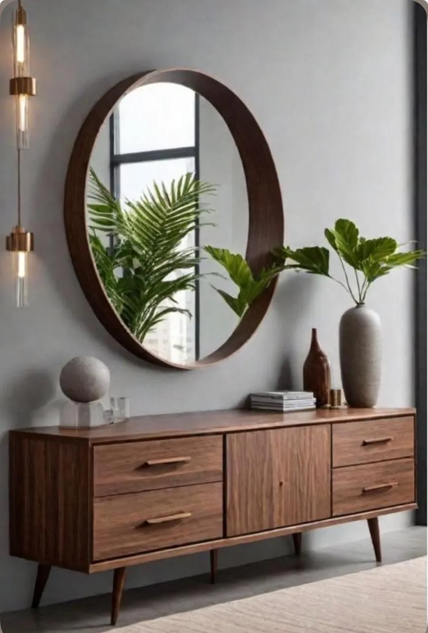 Round Mirror Walnut Sideboard