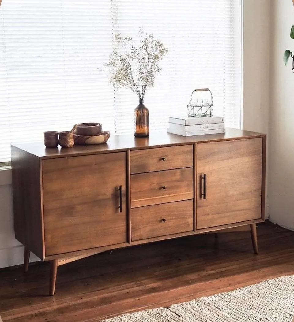 Walnut Sideboard with Amber Glass Vase