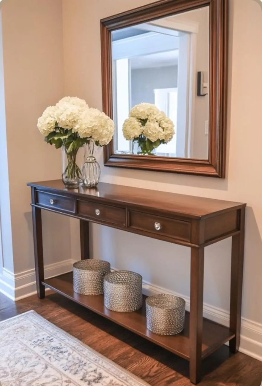 Cherry Console with Silver Baskets