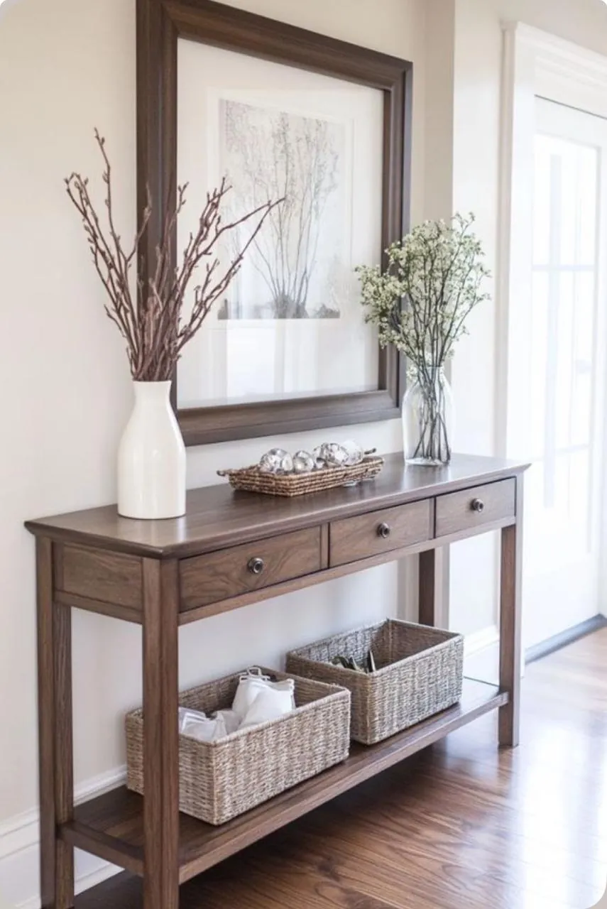 Walnut Console with Woven Baskets