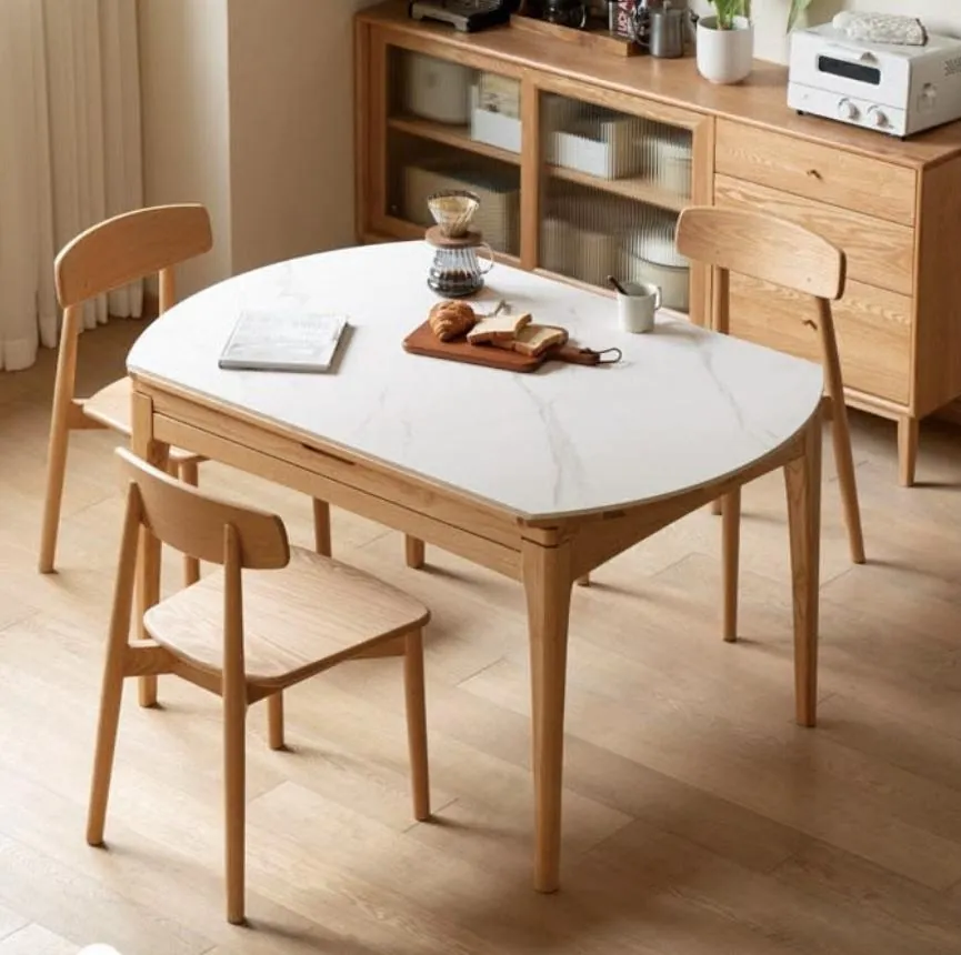 Oak Round Table with Upholstered Chairs