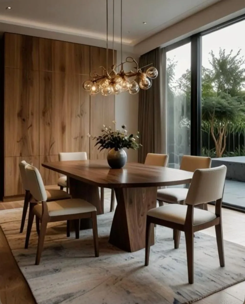 Walnut Sculptural-Base Table with Cream Chairs