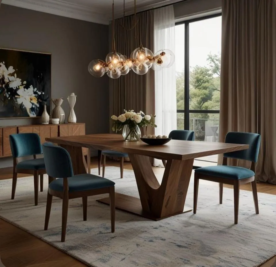 Walnut Table with Blue Velvet Chairs