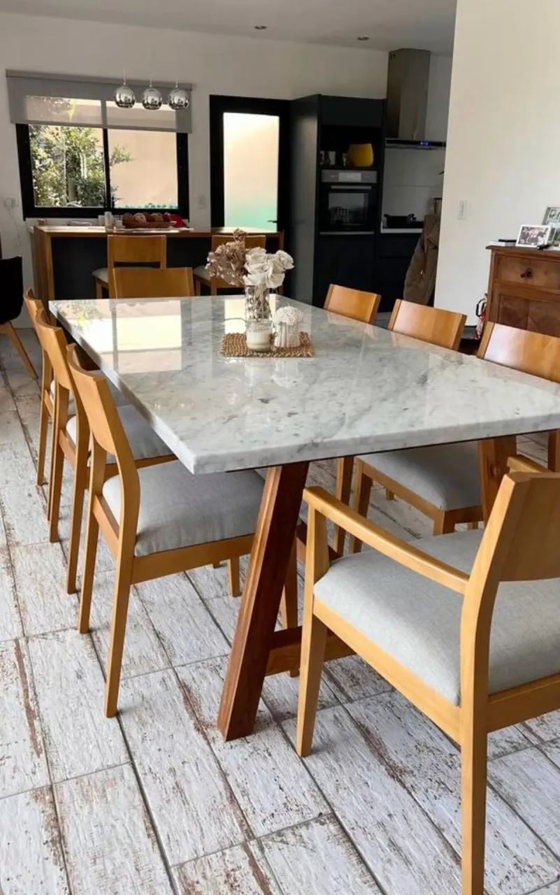 Marble-Top Table with Grey Upholstered Chairs