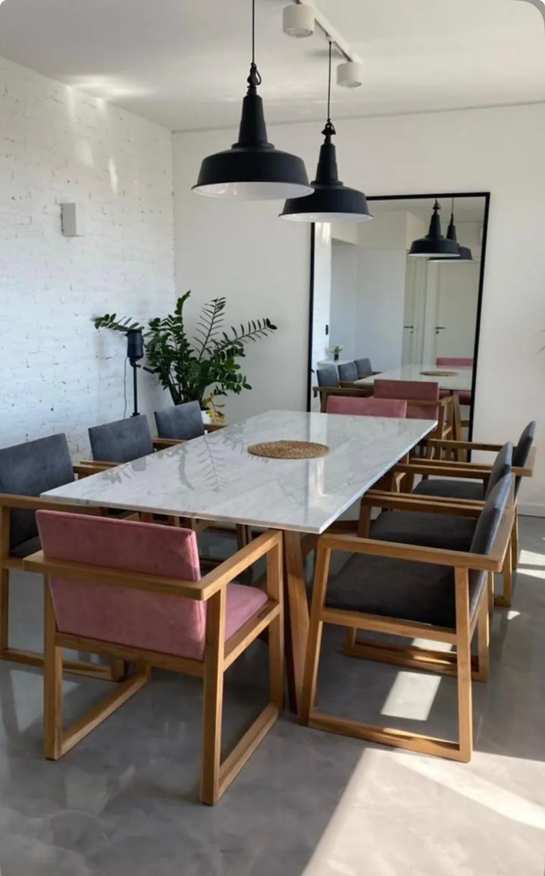 Marble-Top Table with Pink & Grey Chairs