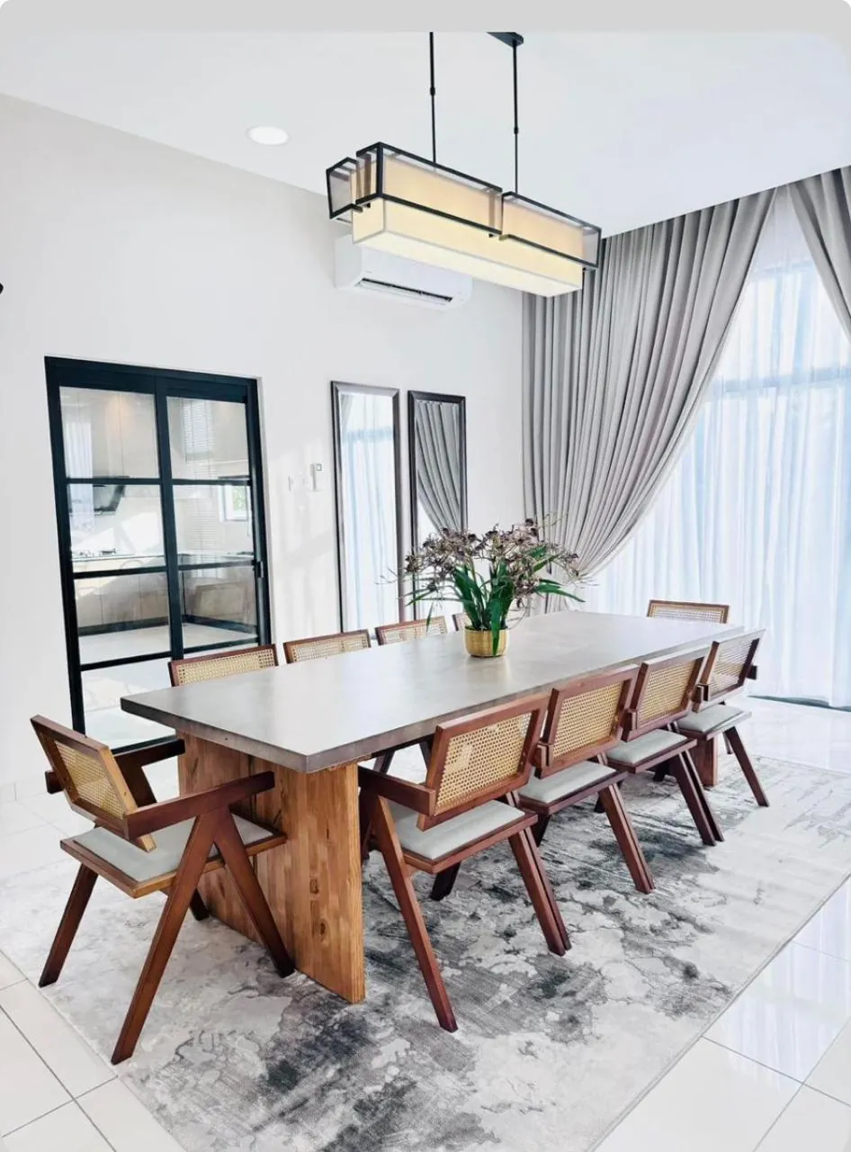 Concrete-Top Table with Cane X-Leg Chairs