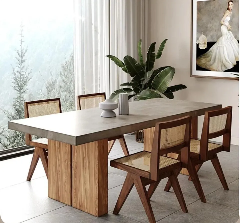 Walnut Bench Table with Cane Armchairs