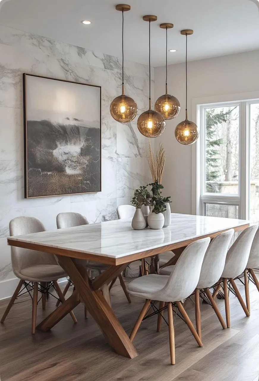 Walnut X-Base Marble-Top Table