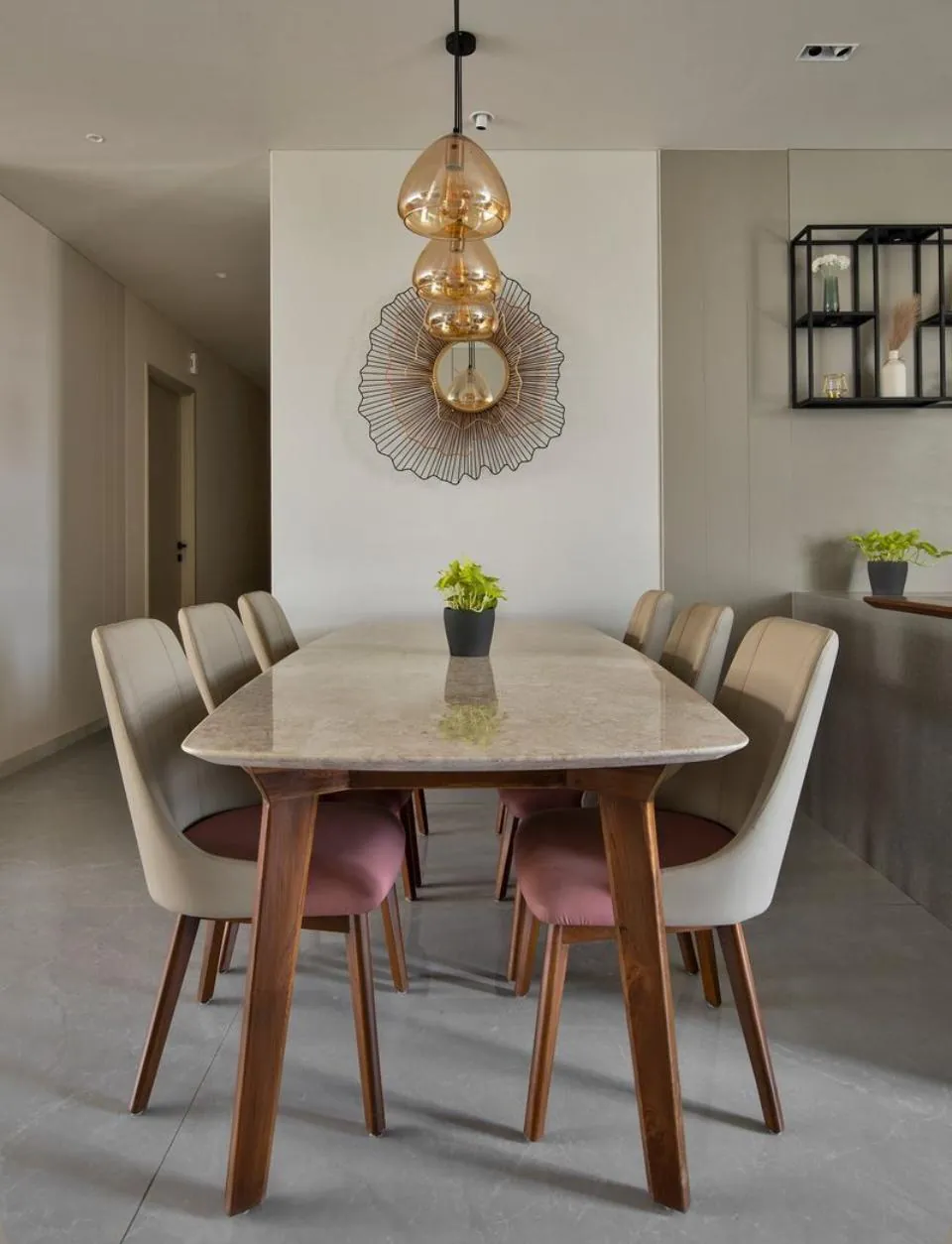 Walnut Table with Pink & Cream Chairs