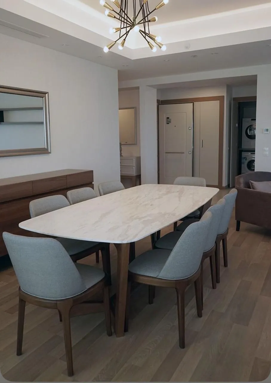 Walnut Marble-Top Table with Grey Chairs
