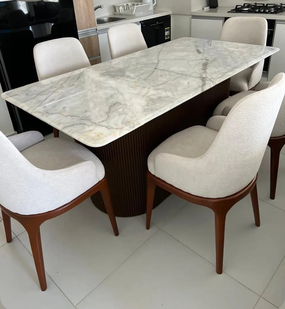 Walnut Pedestal Table with Cream Chairs