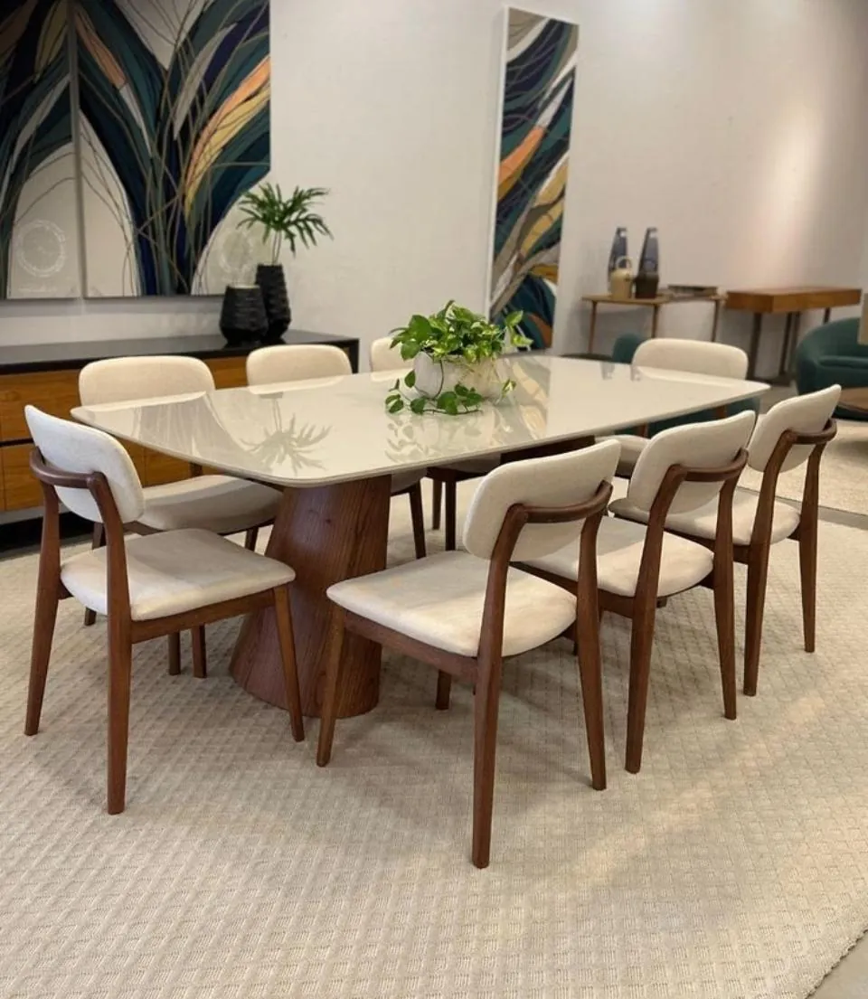 Walnut Pedestal Table with Cream Armchairs