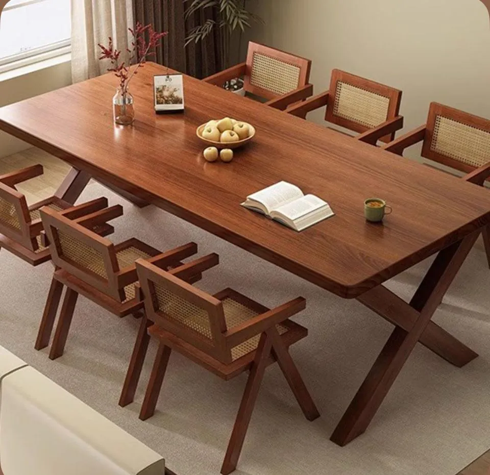 Walnut Cane-Back Table Set with Bench