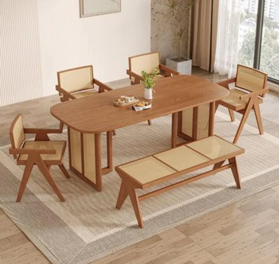 Teak Table with Cane Armchairs & Bench