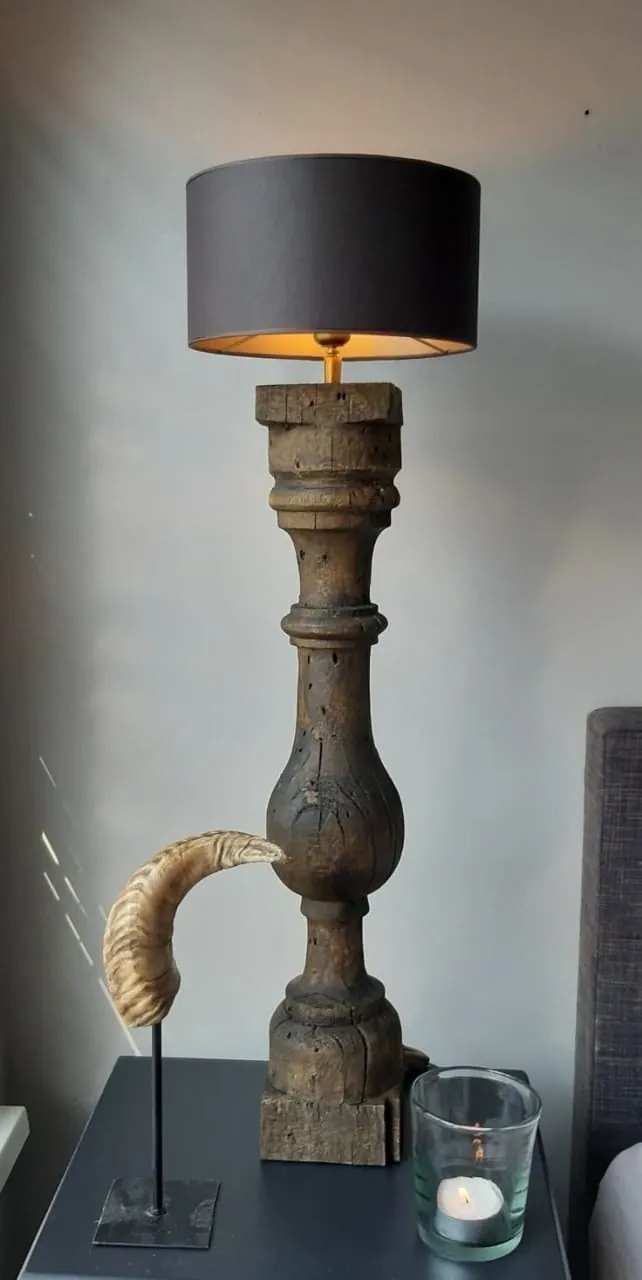 Carved Wood Pillar Table Lamp