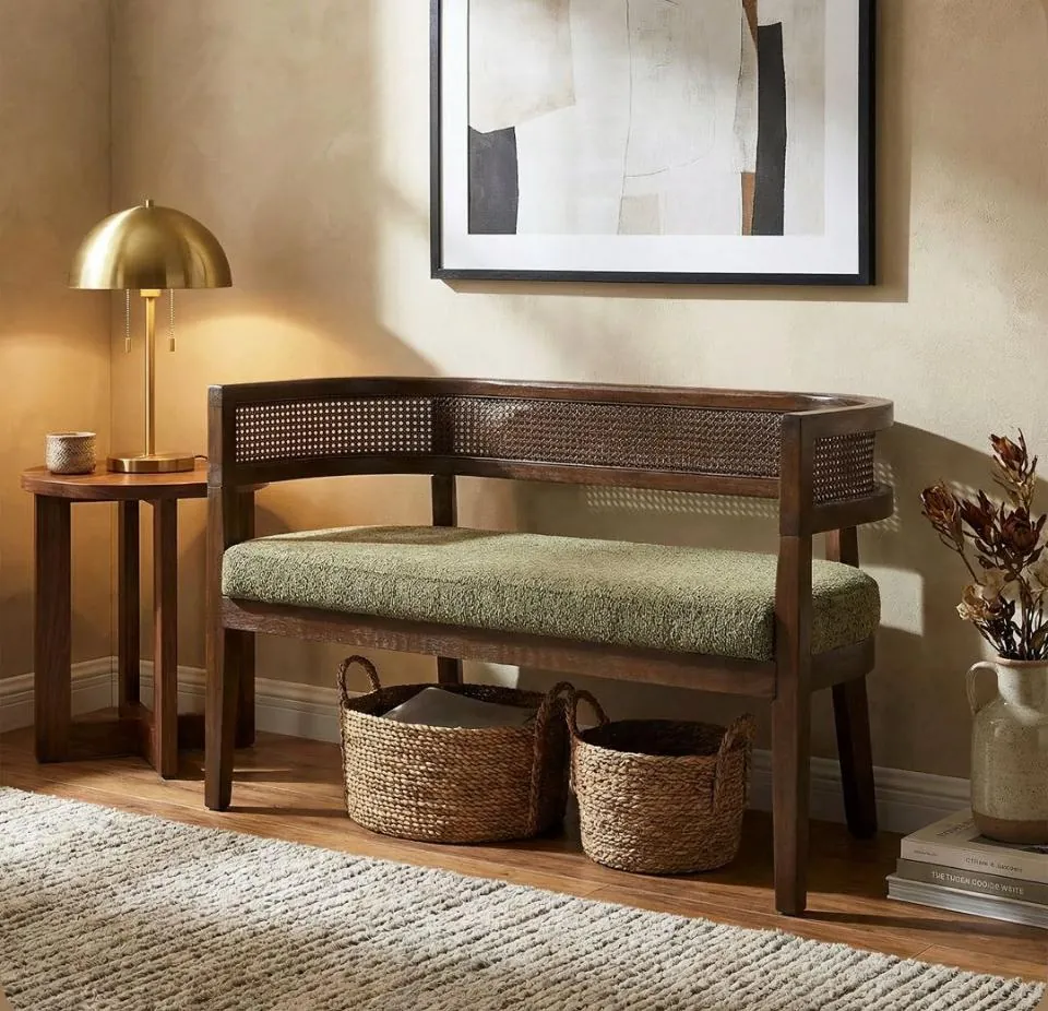 Cane-Back Bench with Olive Cushion