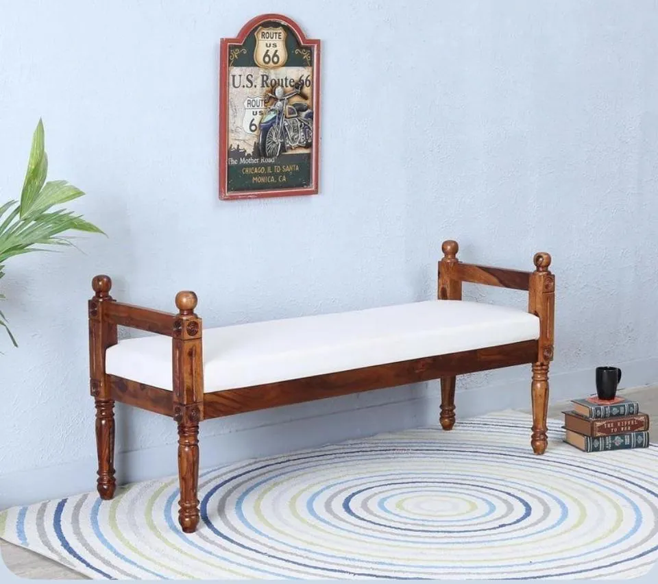 Turned-Post Bench with White Cushion
