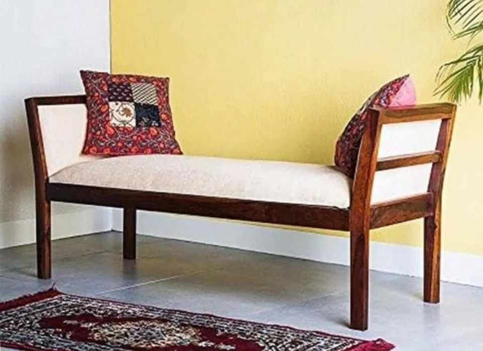 Cream Cushioned Bench with Armrest