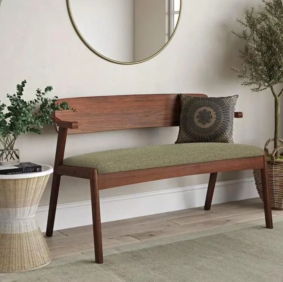 Curved-Back Green Cushion Bench