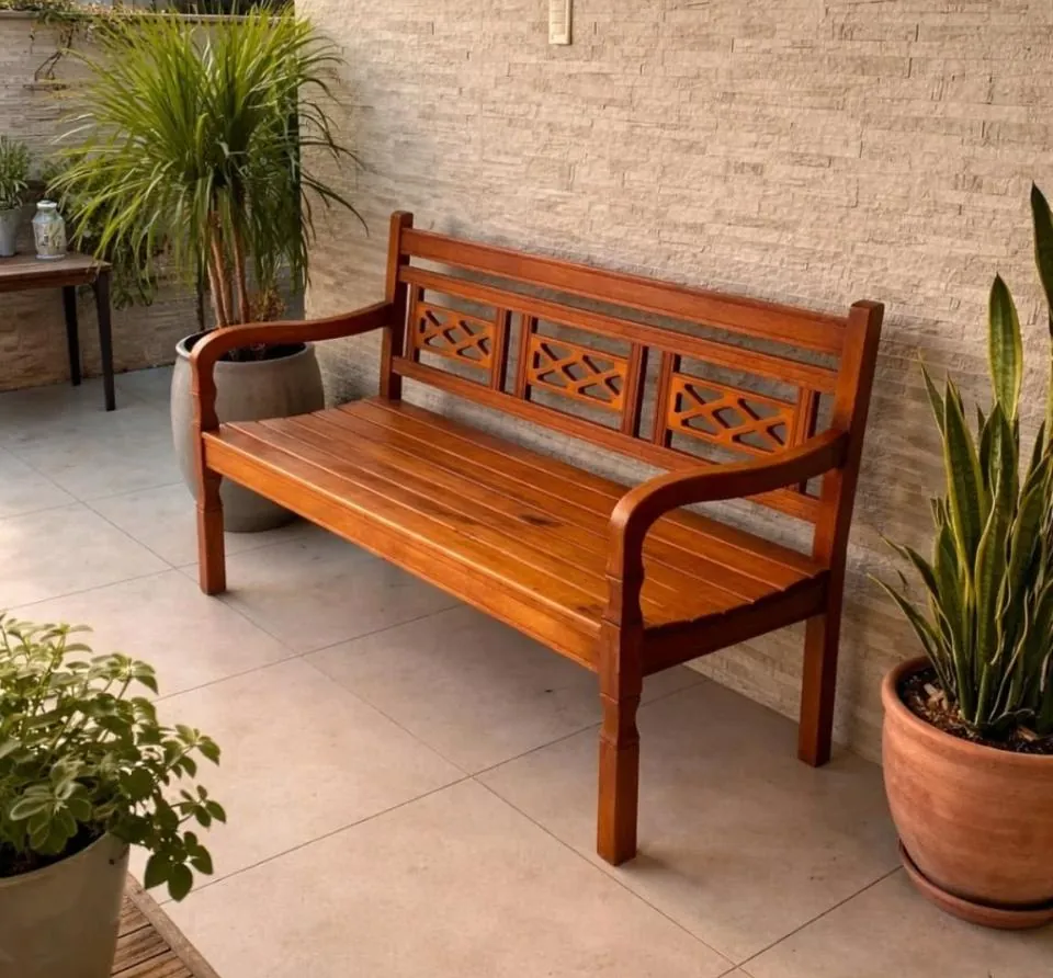 Carved Lattice-Back Bench