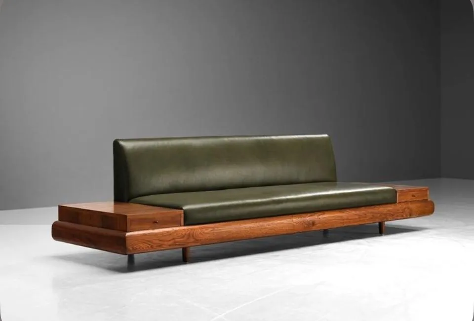Olive Leather Platform Sofa with End Tables