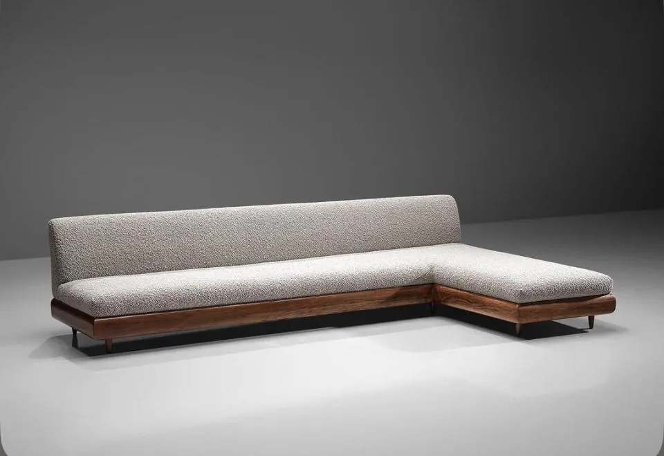 Grey Boucle Sectional on Rosewood Platform