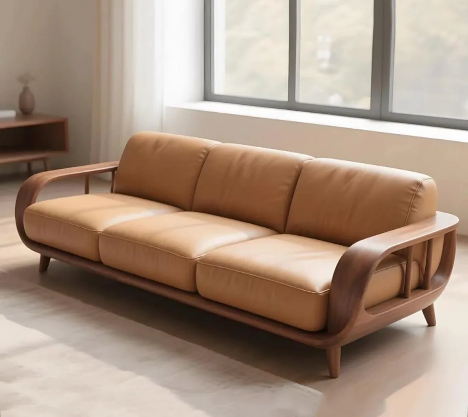 Caramel Leather Bentwood-Arm Sofa