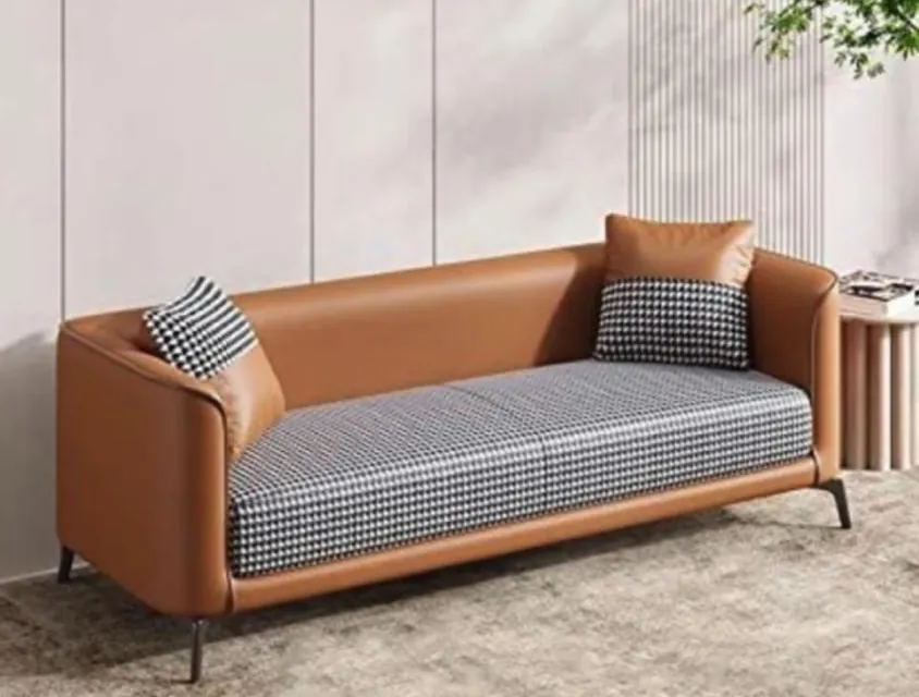 Tan Leather Sofa with Houndstooth Seats