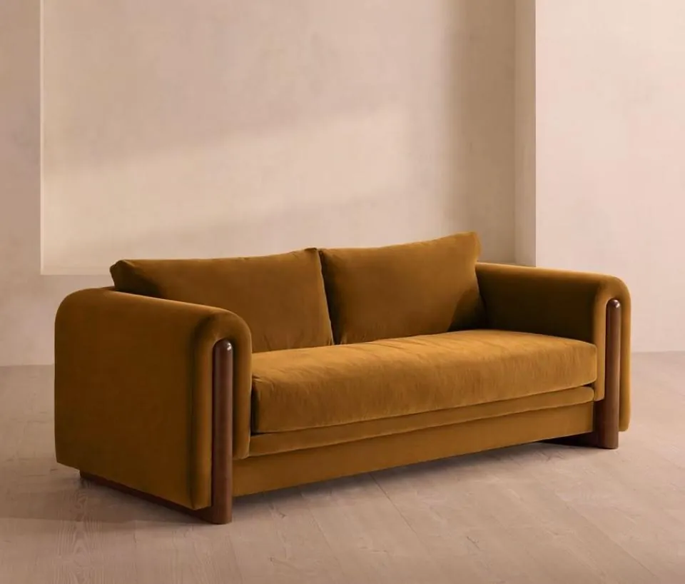 Mustard Velvet Sofa with Walnut Trim