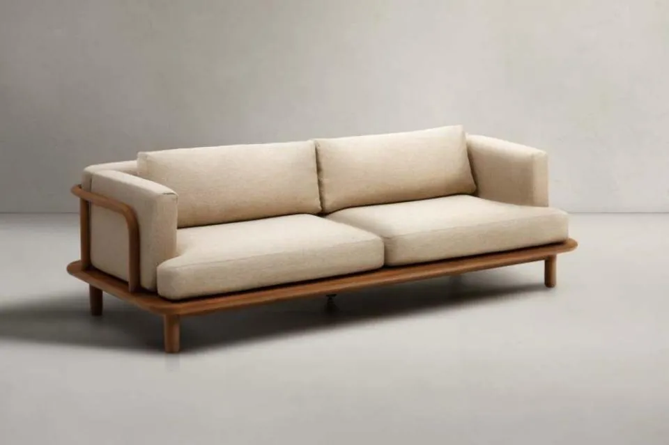 Teak Spindle-Frame Fabric Sofa